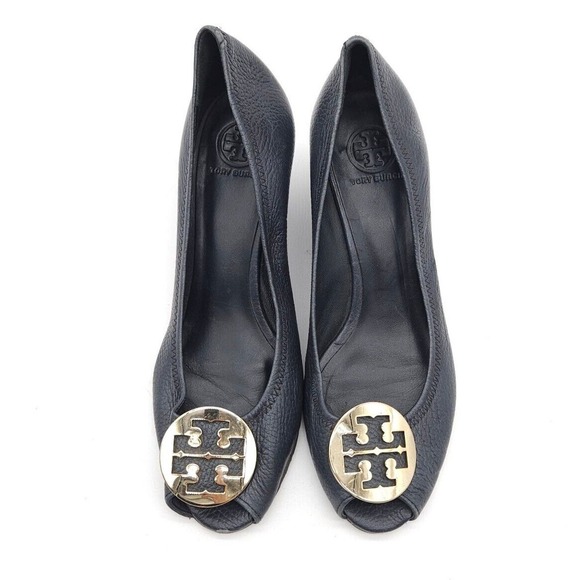 Tory Burch (Womens Size 10.5) Sally Peep Toe Wedge Pumps Blue Pebbled Leather - Picture 4 of 8